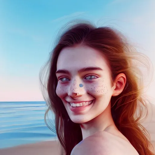 Image similar to beautiful serene intricate portrait of a cute thin young woman, red blush, cute freckles, smug smile, modern clothes, relaxing on the beach, golden hour, close up shot, soft focus, 8 k, art by irakli nadar, hyperrealism, hyperdetailed, ultra realistic