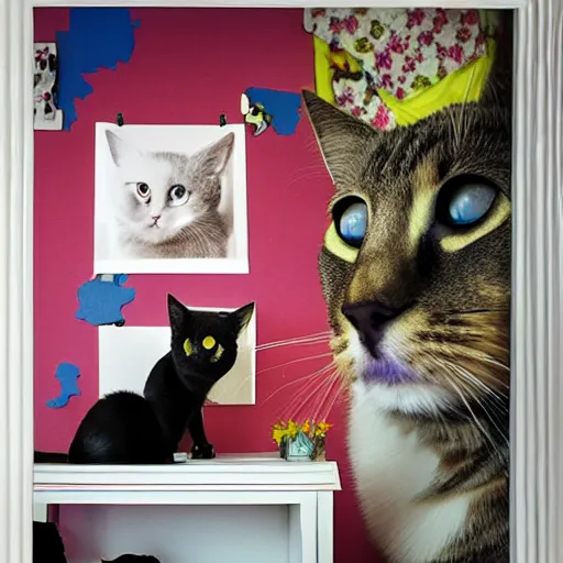 Prompt: color studio filled with cats, photo in a bedroom