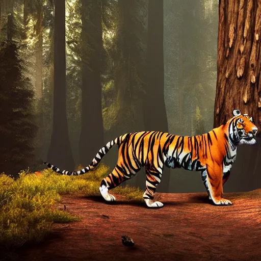 Prompt: tiger in a redwood forest, sunlit, octane render, matte, greg rutkowski, highly detailed, hdr