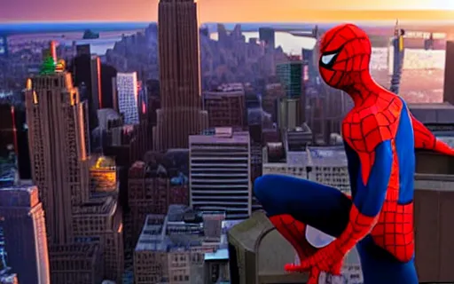 Image similar to spider - man on top of a building in new york watching the sunset, unreal engine 5, render, cg society