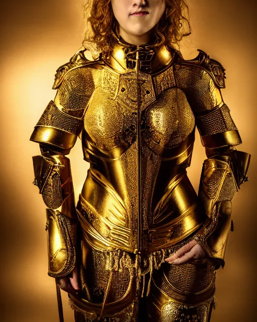 Image similar to award winning photograph portrait of woman in shining golden armor, high production value, intricate details, high resolution, hdr, high definition, masterpiece, realistic, ultrarealistic, highly detailed, hd, sharp focus, non blurry, sharp, smooth