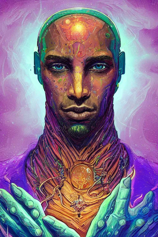 Image similar to portrait of jewel djinn wizard in the style of Rob Lefield and Dan Mumford , trending on artstation, digital art,surrealism ,macro,blueprint ,vaporwave ,