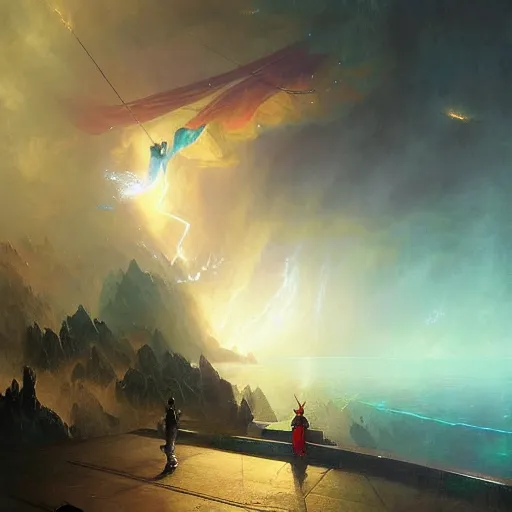 Image similar to ''cinematic shot'' charles barkley chaos dunk sparks flying simetrical 8 k atmosferic realistic, green cape, holding a bell, made by ivan aivazovsky, peter mohrbacher, greg rutkowski volumetric light effect broad light oil painting painting fantasy art style sci - fi art style realism premium prints available artwork unreal engine