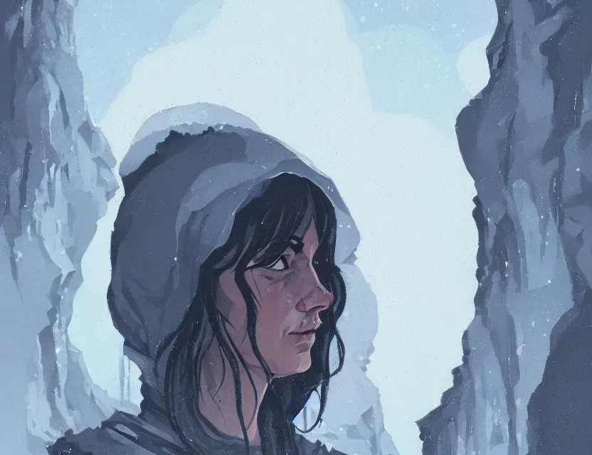 Prompt: priestess of everyday stress in the icy mountains. gouache painting by indie concept artist, chiaroscuro, bokeh, backlighting, field of depth