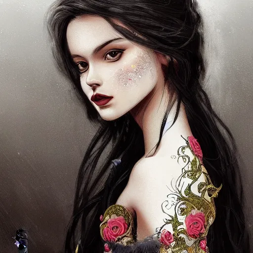 Prompt: A portrait of an attractive young female, beautiful long flowered hair, wearing a dress of black golden feathers, intricate, highly detailed, elegant, digital painting, trending on artstation
