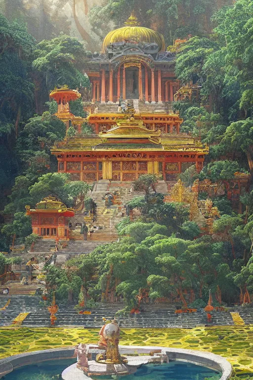 Image similar to glorious painted temple of the forest, by Sylvain Sarrailh and Ludwig Deutsch and Rudolf Ernst and edmund dulac, dramatic cinematic lighting , beautiful colorful tilework, ornate architecture, smooth, sharp focus, extremely detailed