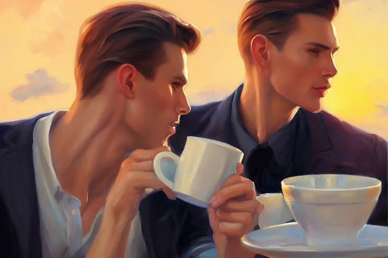 Image similar to attractive man drinking coffee, sunset, painting by vladimir volegov, j. c. leyendecker, tom of finland, trending on artstation