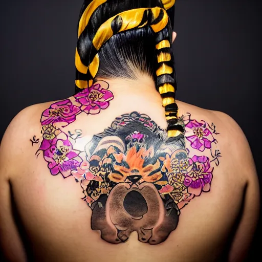 Image similar to photography of the back of a woman with a black detailed irezumi tatto representing a gold tiger with pink flowers on her entire back, dark hangar background, mid-shot, editorial photography