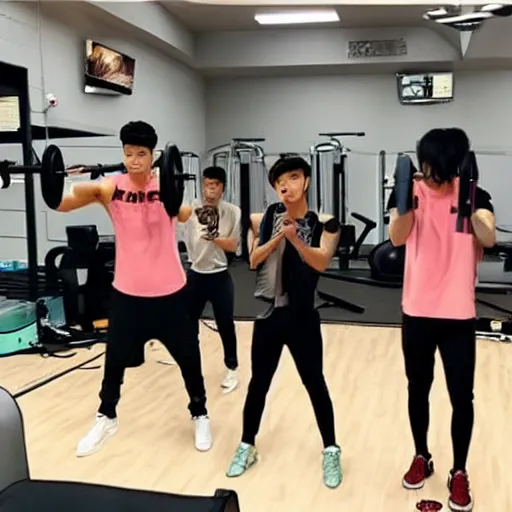 Prompt: the k-pop band EXO working out in the gym together, photo-realistic, high detail, high quality faces