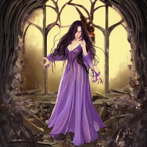 Image similar to Beautiful and cunning witch with long dark hair walking within a decayed medieval temple. She wears a purple dress adorned in jewelry flashing gold, trending on artstation, dark fantasy