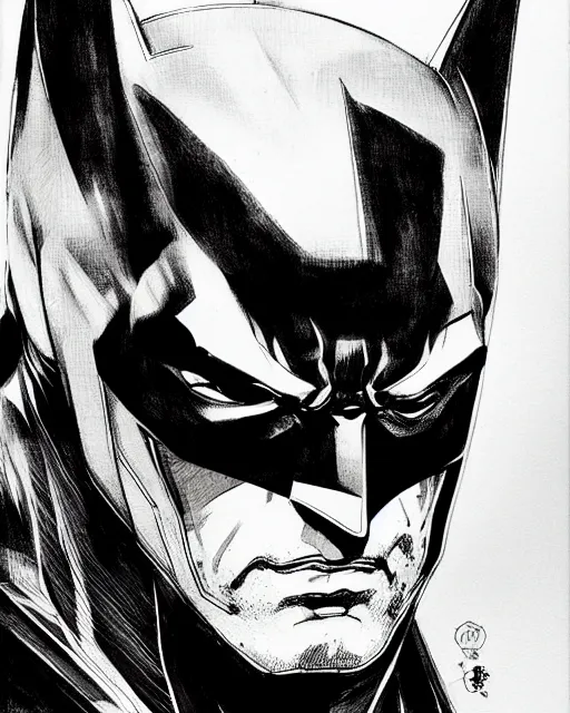 Image similar to portrait of batman, concept art, sumi - e style, intricate linework, artstation, trending, highly detailed, smooth, focus, art by yoji shinkawa,