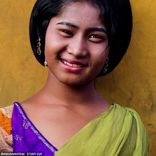 Image similar to zi di had a head of curvy black hair, and her wheat coloured skin glistened with sweat, giving her a delicate appearance. her features were defined, and she had a beautiful smile beyond the ordinary. the most attractive part of her was her big, purple eyes, shining like clear amethyst.