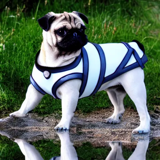 Image similar to pugs with armor, reflections, shiny, Excalibur,