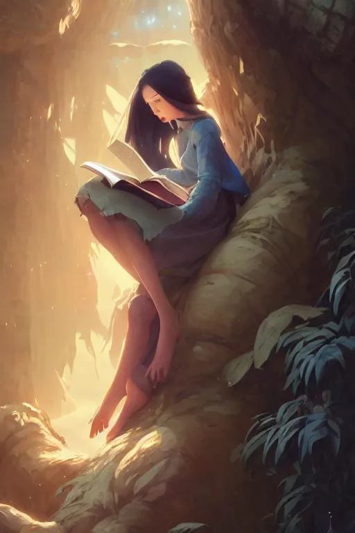 Image similar to highly detailed portrait of beautiful girl reading a book in avatar, dynamic pose, stephen bliss, unreal engine, fantasy art by greg rutkowski, loish, rhads, ferdinand knab, makoto shinkai and lois van baarle, ilya kuvshinov, rossdraws, tom bagshaw, global illumination, radiant light, detailed and intricate environment