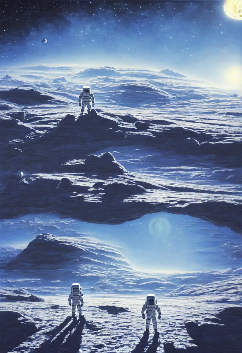 Image similar to an epic painting of a futuristic astronaut walking along an airless icy planet in the endless starry night of space, unreal 5, DAZ, detailed, soft focus, brilliant, 4k, 8k, HD, trending on artstation, art by Rick Guidice painting by Robert McCall by John Harris, abstract