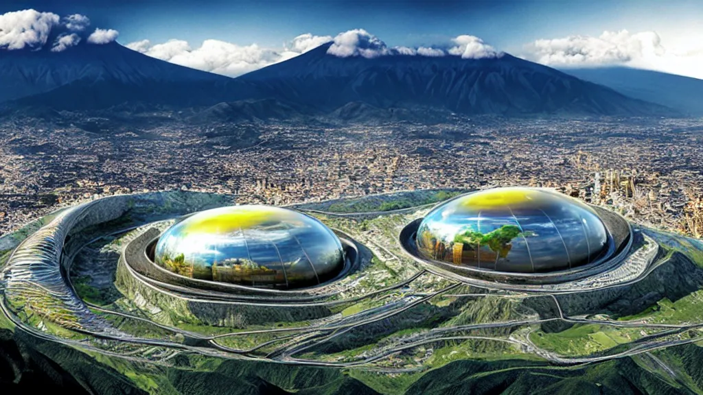 Image similar to Nuclear; Mountain, Nature, City; Harmony; Quito, Ecuador; by Oswaldo Moncayo and Vincent Callebaut; Art Direction by James Cameron;