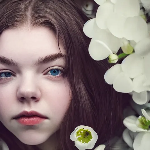 Image similar to a beautiful girl like anya taylor - joy floating under the deep water, white petal, by personal photography, art by brookskim, closeup, 4 k, highly detailed, instagram,