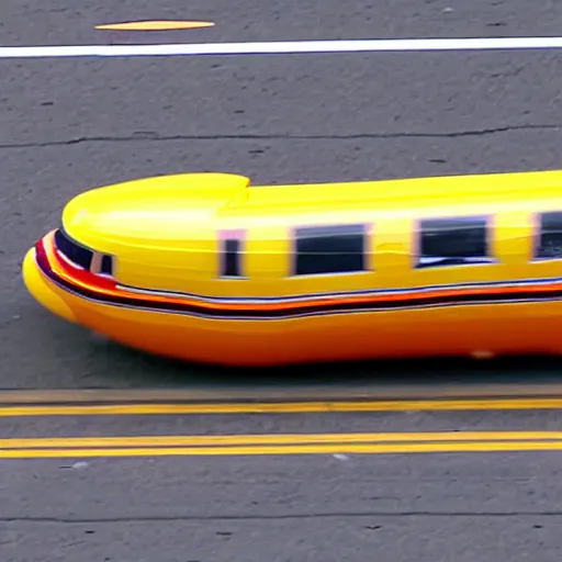 Prompt: a helicopter shot of the Oscar Meyer wienermobile in a high-speed police chase