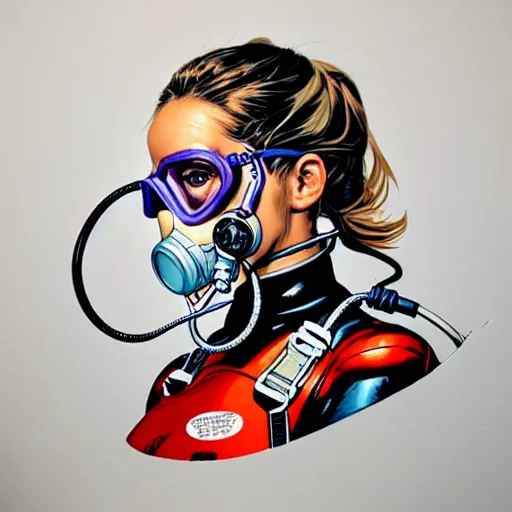 Prompt: portrait of a female diver with a oxygen mask intricate detailed mask with front profile by MARVEL comics and Sandra Chevrier
