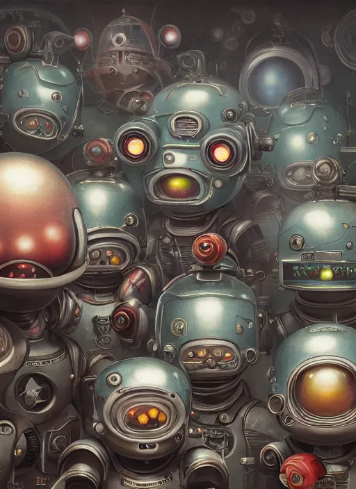 Image similar to highly detailed closeup, group portrait of a retro robots deep sea diving, unreal engine, nicoletta ceccoli, mark ryden, earl norem, lostfish, global illumination, detailed and intricate environment