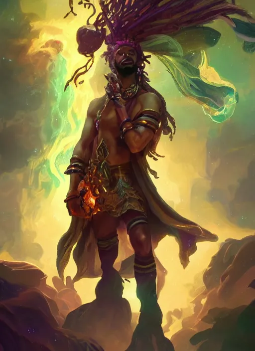 Prompt: handsome black man casting magical spells with powerful crystals, beaded dreadlocks and kemetic imagery, digital painting artstation, concept art, matte, sharp focus, illustration, dramatic exploding nebulae, hearthstone, art by artgerm and greg rutkowski and alphonse mucha