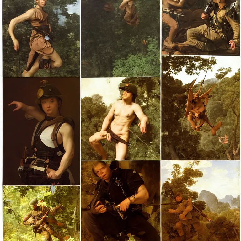 Prompt: portrait of a us soldier, vietnam war, majestic, posing into flying helicopter, above jungle, fine art portrait painting, strong light, clair obscur, by caravaggio, by diego velazquez, by jean honore fragonard, by peter paul rubbens, by bouguereau