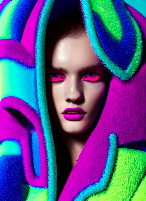 Image similar to stylish coat for a rave, bright colors, many details, prints, photo for a magazine, photo for a store, fashion photography, Vogue, 135 mm, cinematic, hyper realism, high detail, octane render, 8k, chrome accents, very coherent symmetrical artwork, perfect face model, full length photo, Upper and lower body, even skin tone,Soft shadows on the face