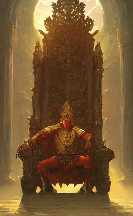 Prompt: a beautiful artwork illustration, a king sitting on his throne in a grand hall at sunset, by greg rutkowski and jesper ejsing and raymond swanland, featured on artstation, wide angle, vertical orientation