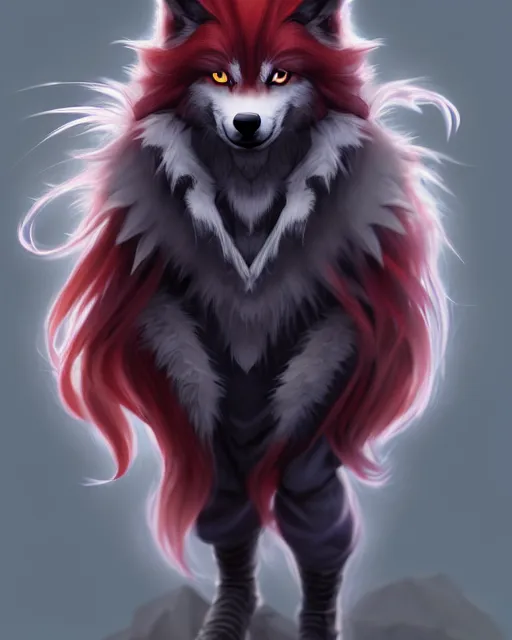 Prompt: character concept art of a dark grey anthropomorphic furry male wolf with long red hair | | cute - fine - face, pretty face, key visual, realistic shaded perfect face, fine details by stanley artgerm lau, wlop, rossdraws, james jean, andrei riabovitchev, marc simonetti, and sakimichan, artstation