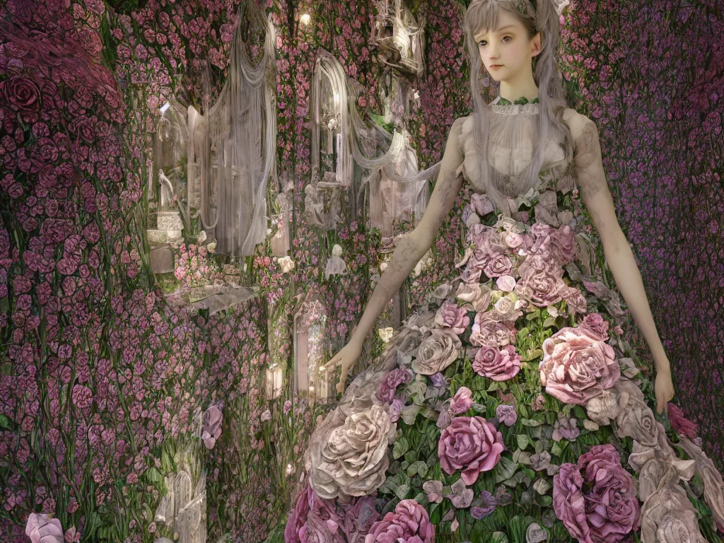 Image similar to the beautiful hyperdetailed physical rendering of rose flower wedding gothic lolita dress clothing design display in stay in bloom,, perfectly shaded, atmospheric lighting, in the style of louis comfort tiffany, makoto shinkai, raphael lacoste louis comfort tiffany, artgerm, karol bak, james jean, ross tran, 8 k hd, fine texture structure, 3 drender,