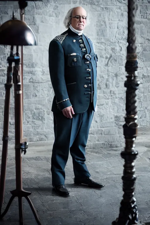Image similar to benjamin franklin wearing a security guard uniform in game of thrones. dslr, 5 0 mm, f / 2. 8, studio lighting