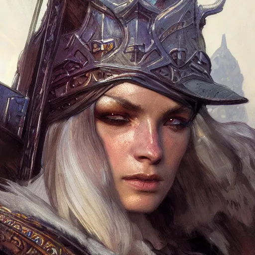 Image similar to closeup portrait of a dungeons and dragons character, dramatic lighting, castle background, gorgeous view, realistic, high detail, depth of field, lightrays, atmospheric, digital art, painted by greg rutkowski, painted by jeremy mann, painted by alphonse mucha, trending on artstation