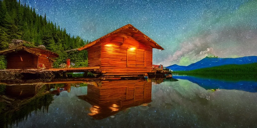 Image similar to Studio Ghibli cozy hut Alaskan lake at night, stars, reflection beautiful HD