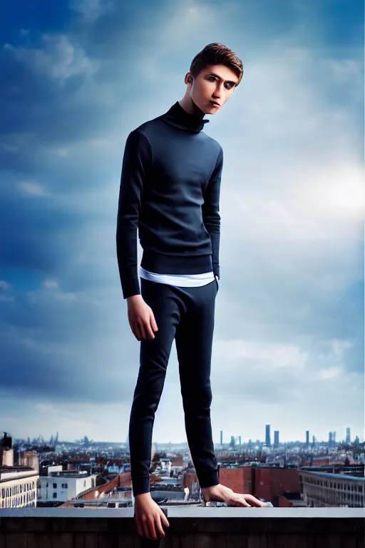 Image similar to un ultra high definition studio quality photographic art portrait of a young man standing on the rooftop of a british apartment building wearing soft padded silver pearlescent clothing. three point light. extremely detailed. golden ratio, ray tracing, volumetric light, shallow depth of field. set dressed.