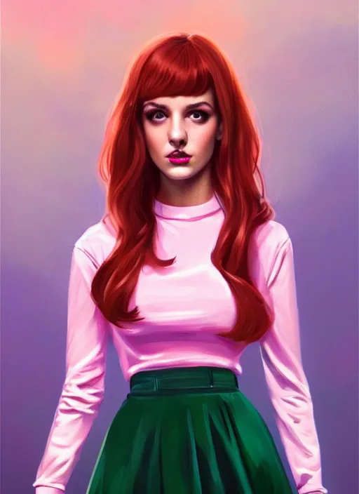 Image similar to full body portrait of teenage cheryl blossom, bangs, green eyes, sultry expression, red hair, sultry smirk, bangs and wavy hair, pink skirt, bangs, intricate, elegant, glowing lights, highly detailed, digital painting, artstation, concept art, smooth, sharp focus, illustration, art by wlop, mars ravelo and greg rutkowski