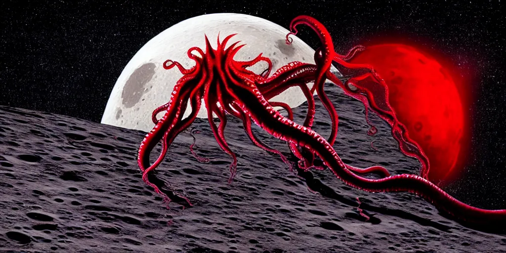 Image similar to giant <Cthulhu> tentacles silhouetted lunar surface crushing attacking red spaceship, bomber, photorealistic, wide-angle, long shot, epic, space, lunar photo backdrop on film