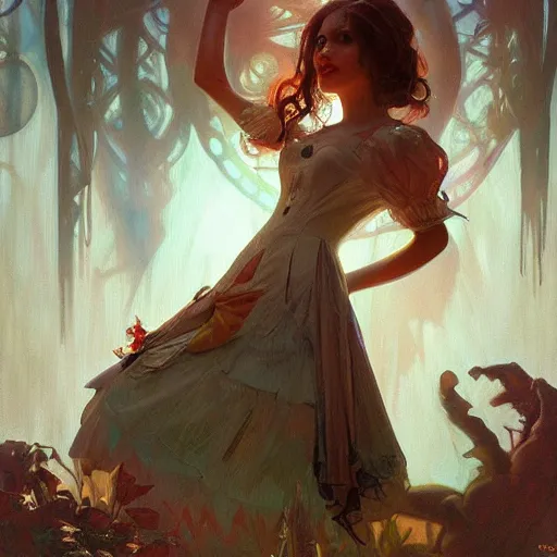 Prompt: alice in wonderland, dramatic lighting, high detail, painted, by greg rutkowski, painted by stanley artgerm, painted by alphonse mucha, trending on artstation