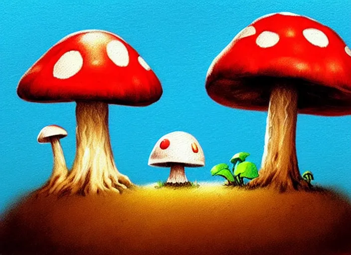 Image similar to a cute creature sitting next to a mushroom, digital art, fantasy, magic, chalk, trending on artstation, ultra detailed, professional illustration by basil gogos
