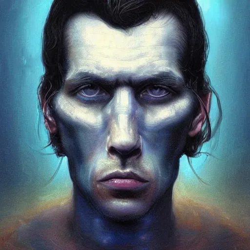 Prompt: surreal portrait of a man by Greg Rutkowski and H.R Giger, he is about 30 years old, messy long black hair, tired appearance, roman nose, peaceful but sad and resigned expression, martyred as a biomechanical transhuman cyborg god, eyes glow electric blue, cosmic void background, frightening, fascinating, highly detailed portrait, digital painting, book cover, artstation, concept art, smooth, sharp foccus ilustration, Artstation HQ.