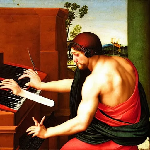 Prompt: beautiful renaissance painting of a ninja playing a synthesizer in a music studio while blood comes out of the speakers