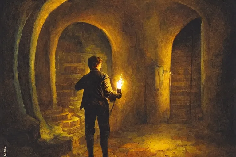 Image similar to a man holds a torch and explores a Dungeon, luminous, Art Nouveau