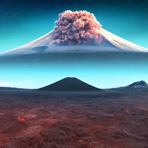 Image similar to hyper realistic surreal landscape with a active volcano on an island with flying rabbits 4 k