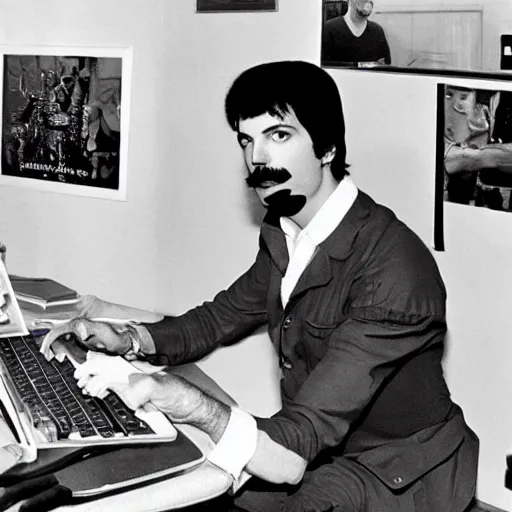 Image similar to Freddie Mercury playing among us on his computer