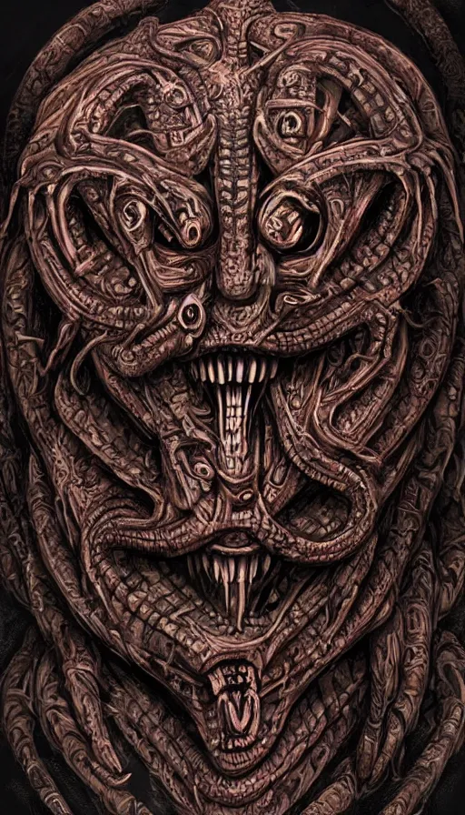 Image similar to ancient biomechanical hybrid aztec fantasy human serpent demon face mask tattoo pattern concept, teonanacatl glyph, intricate artwork by, Johnatan Wayshak, Zdizslaw Beksinski, Artgerm, H.R. Giger, very coherent artwork, cinematic, hyper realism, high detail, octane render, unreal engine, 8k, High contrast, higly detailed black ink outline, crosshatch sketch gradient