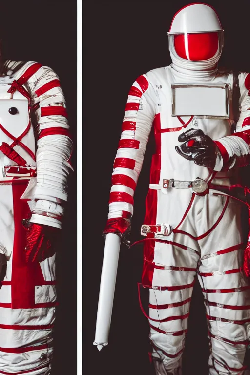 Image similar to photography of red and white space suits designed for knights templar, golden linings, photo shoot, by annie leibovitz, sigma 85mm 1.4, glows, sharp, high contrast, octane render