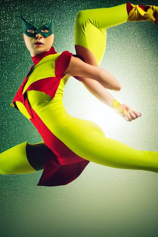 Image similar to beautiful superhero woman flying in the air, green yellow tight costume, cloak, explosion background, canon eos r 6 photo