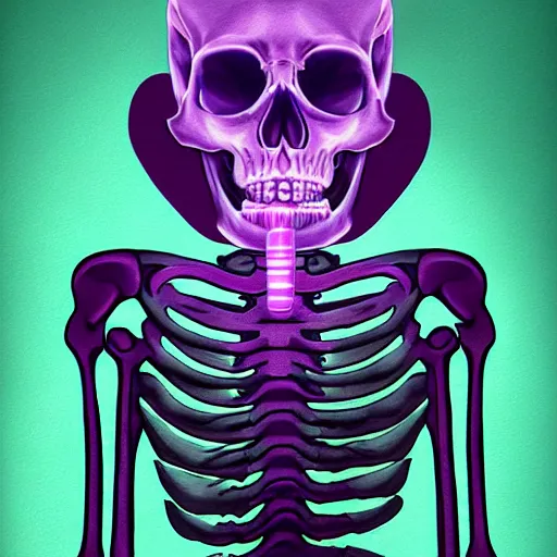 Image similar to a painting of a skeleton skull with glowing purple eyes smoking a purple cigar, digital art, realistic, spooky, vivid