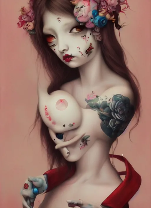 Image similar to pop surrealism, lowbrow art, realistic cute seductive female figure painting, japanese street fashion, hyper realism, muted colours, natalie shau tom bagshaw, mark ryden, trevor brown style,