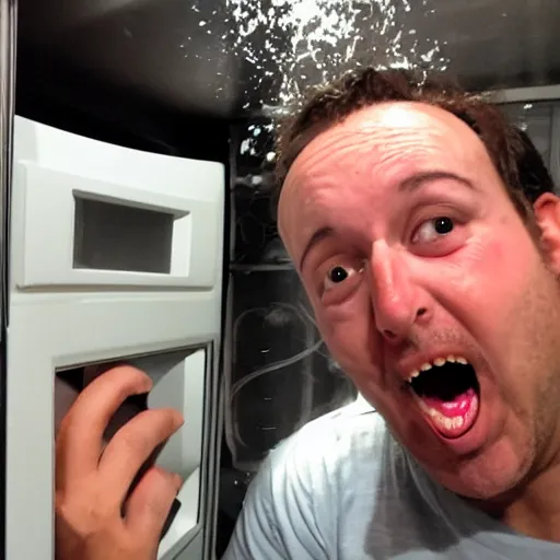 Image similar to crazy man inside a microwave, selfie, uncomfortable