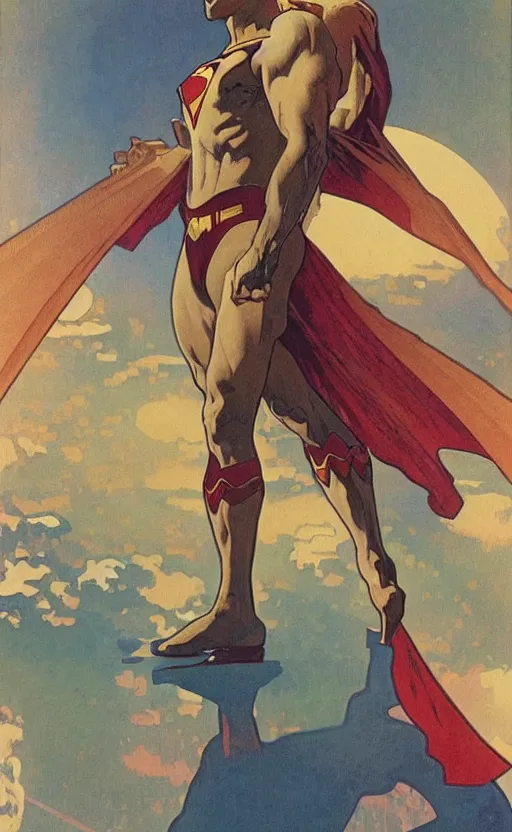 Image similar to a wide angle shot from below!!!, of a male superman with a handsome bodybuilder body walking with the swagger towards camera on mars in a infinite universe, synthwave digital art by alphonse mucha and greg rutkowski